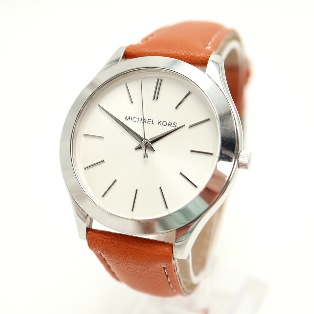 Michael Kors Slim Silver Tone Men 42mm Watch Tan Faux Leather MK2508 New Battery